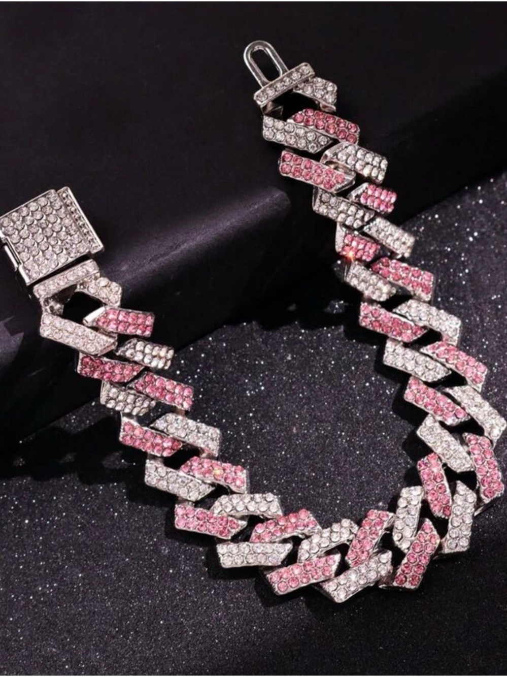 Sterling-Inspired Pink & Silver Pave Cuban Link Bracelet